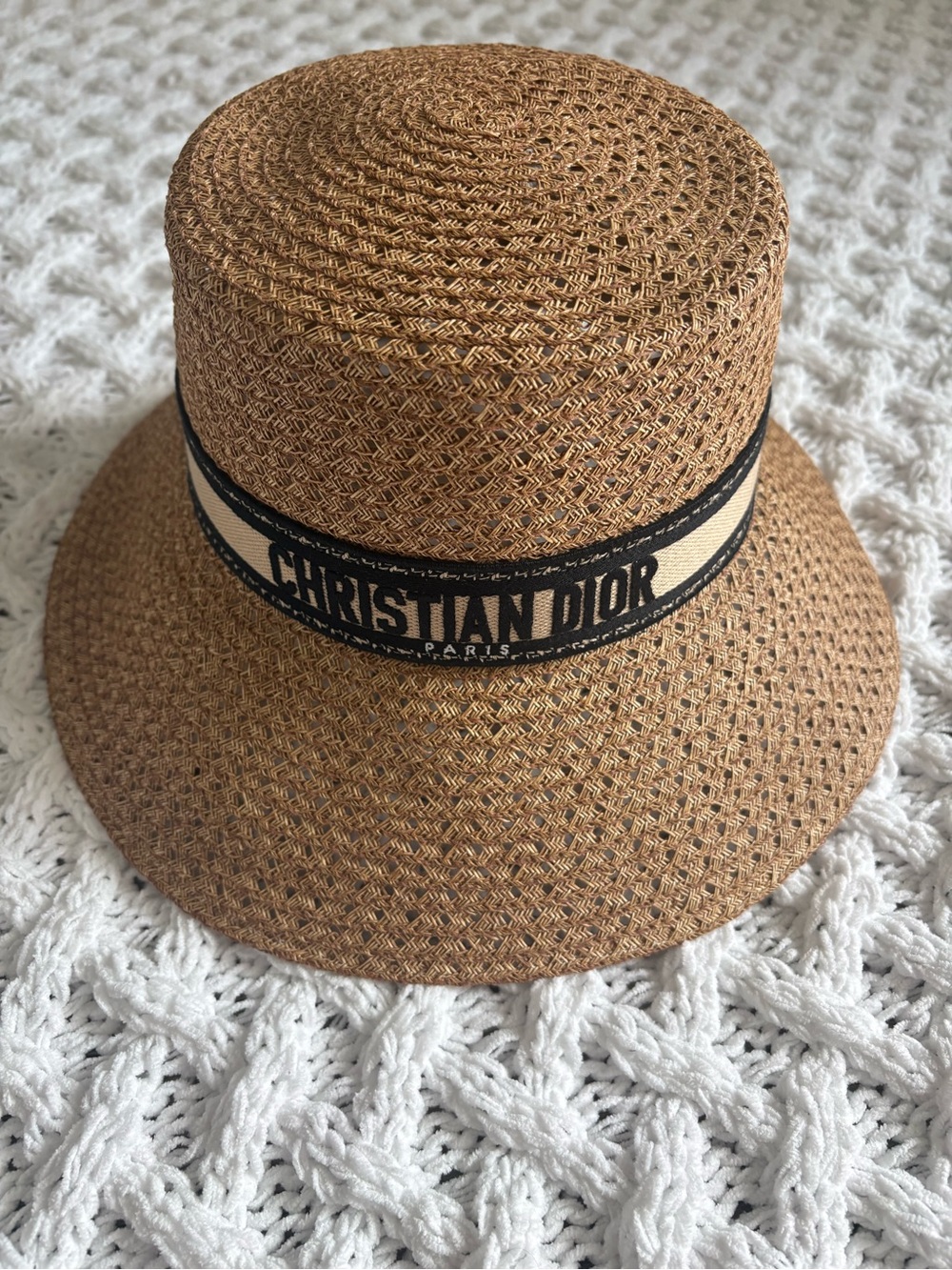 Christian Dior Woven Straw Bucket Hat in Brown with Black & Cream Band. - Picture 1 of 7